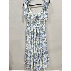 Mable Women's White Blue Floral Medium Maxi‎ Dress Tie Shoulder Smocked Bodice